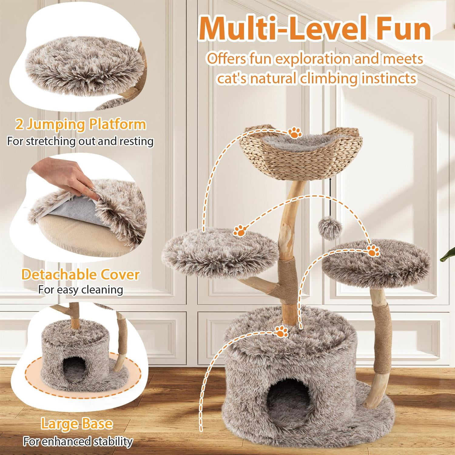 Pefilos Solid Pear Wood Cat Tree, Top Perch & Sisal Scratching Posts, Jumping Platforms & Removable Pads, Brown