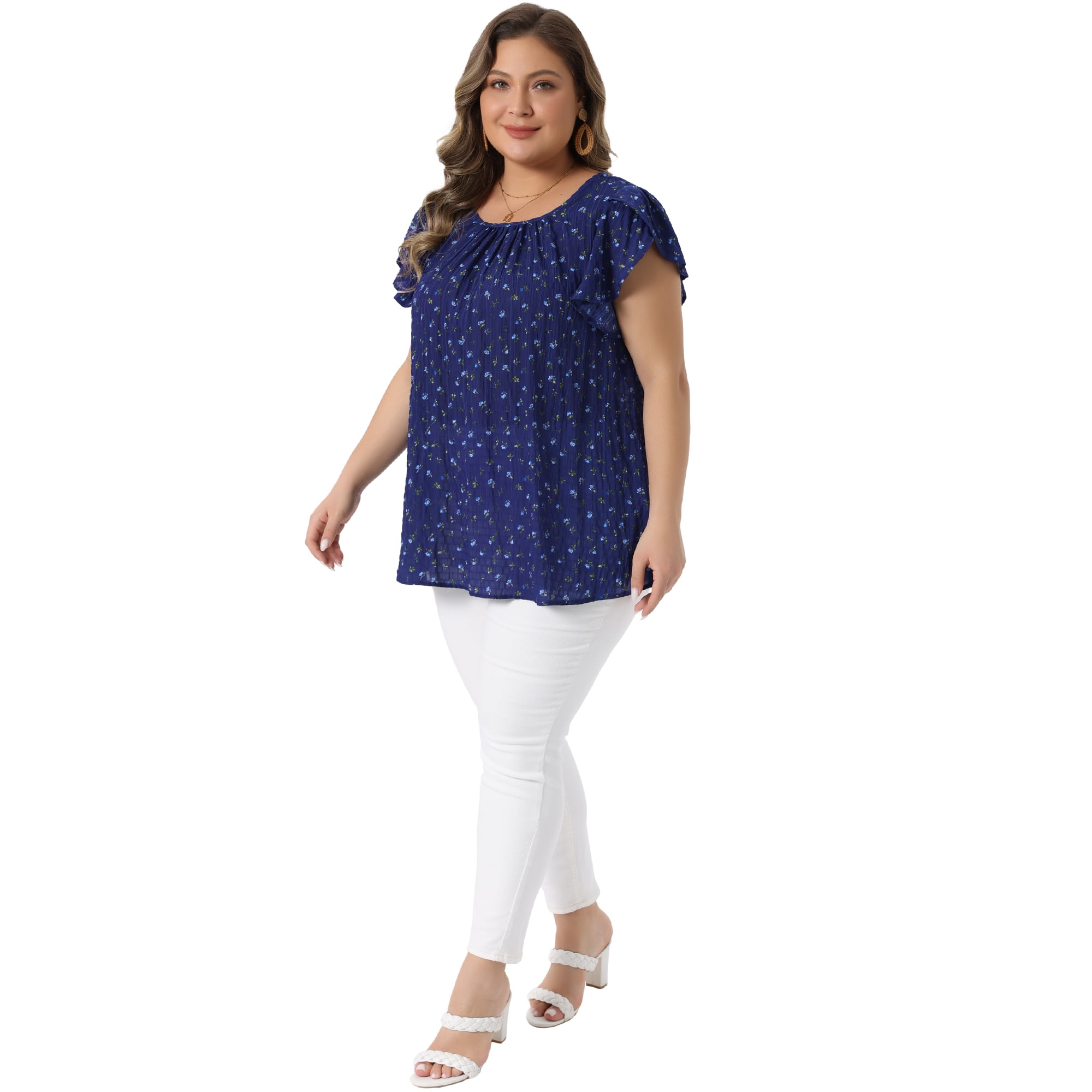 Women's Plus Summer Tops Floral Crew Neck Pleated Front Tulip Sleeve Dressy Blouse 4X Dark Blue