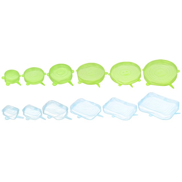 tapas elásticas de silicona, paquete de 12 tapas redondas y rectangulares reutilizables en verde y azul; vista frontal con 6 tapas redondas (diámetros aproximados 6–19 cm) y 6 rectangulares (aprox. 6x4.5 cm a 19.5x14.5 cm), borde elástico y superficie lisa visibles, diseñadas para cubrir tazones, vasos y recipientes, aptas para refrigerador y microondas.