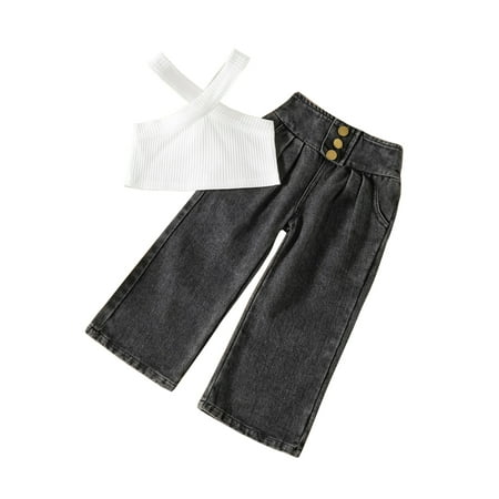 

Musuos Baby Girls Sleeveless Halter Rib Knitted Crop Tops Wide Leg Jeans Denim Pants
