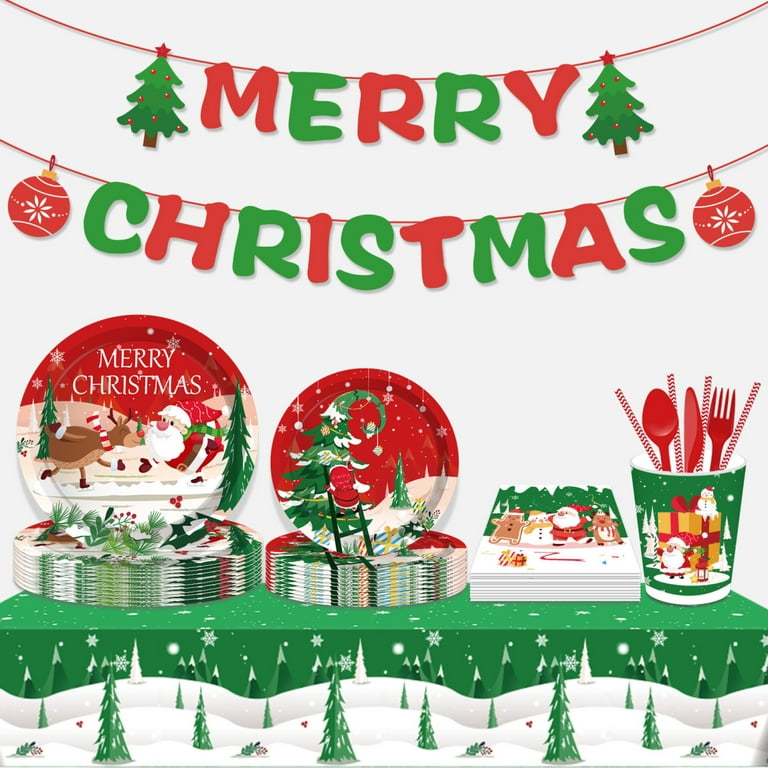 Christmas Party Paper Plates Sets, 68PCS Christmas Tree Santa Claus  Decorations Supplies for 8 Guests, Disposable Holiday Birthday Party Decor  Tableware Set Includes Paper Plates Napkins and Cups 
