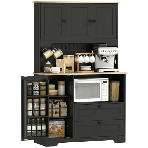 HOMCOM Armoire de Garde-Manger de Cuisine 64 Pouces, Vaisselier de Cuisine avec 3 Armoires, 2 Tiroirs
