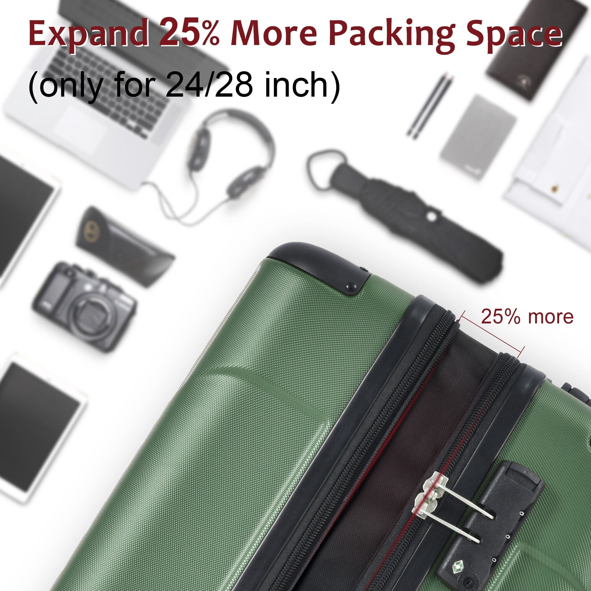 Hardside Suitcase, Hardshell Luggage, Lightweight Durable ABS Suitcases with Double Wheels, Expandable 24-inch Checked Luggage 24" (Green), Green Hardside Luggage,Abs Hardside Checked Luggage