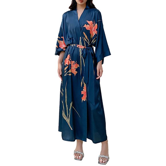 Kelon Women Robes Clearance Women's Blended Pajamas Women's Satin Pajamas Seven Sleeve Cool Feeling Floral Printed Robe Bathrobe Loungewear