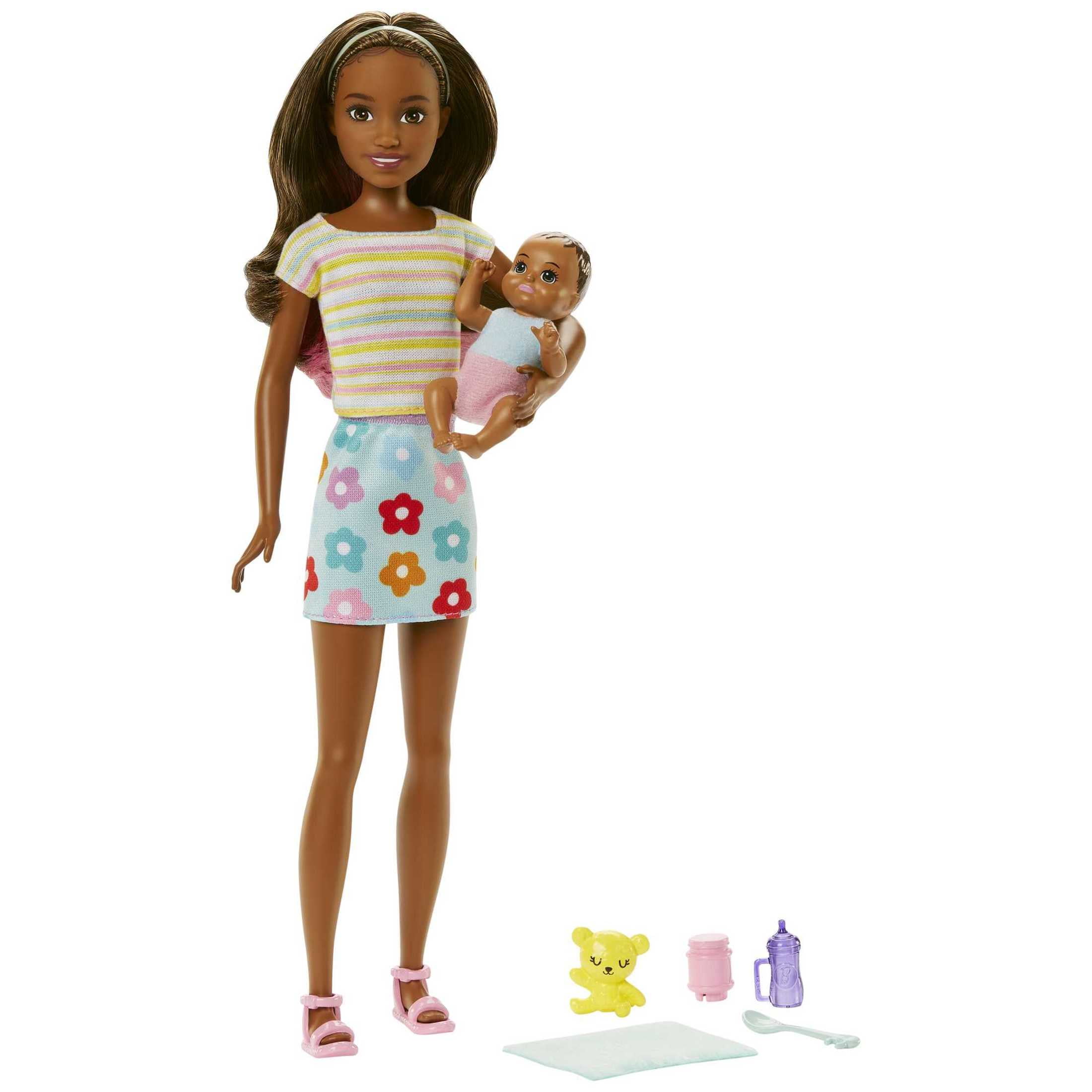 Barbie Skipper Babysitters Inc Brunette Doll in Flowered Skirt with Baby Doll & 5 Themed Pieces