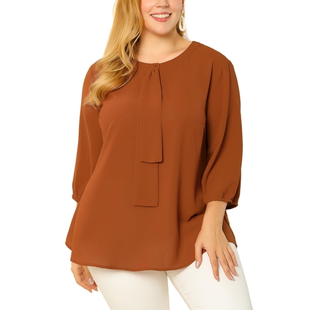 GRACE & GRANDEUR Hauts pour Femmes Grande Taille Travail Col Rond Blouse en Mousseline à Volants Haut de Bureau 4X Caramel