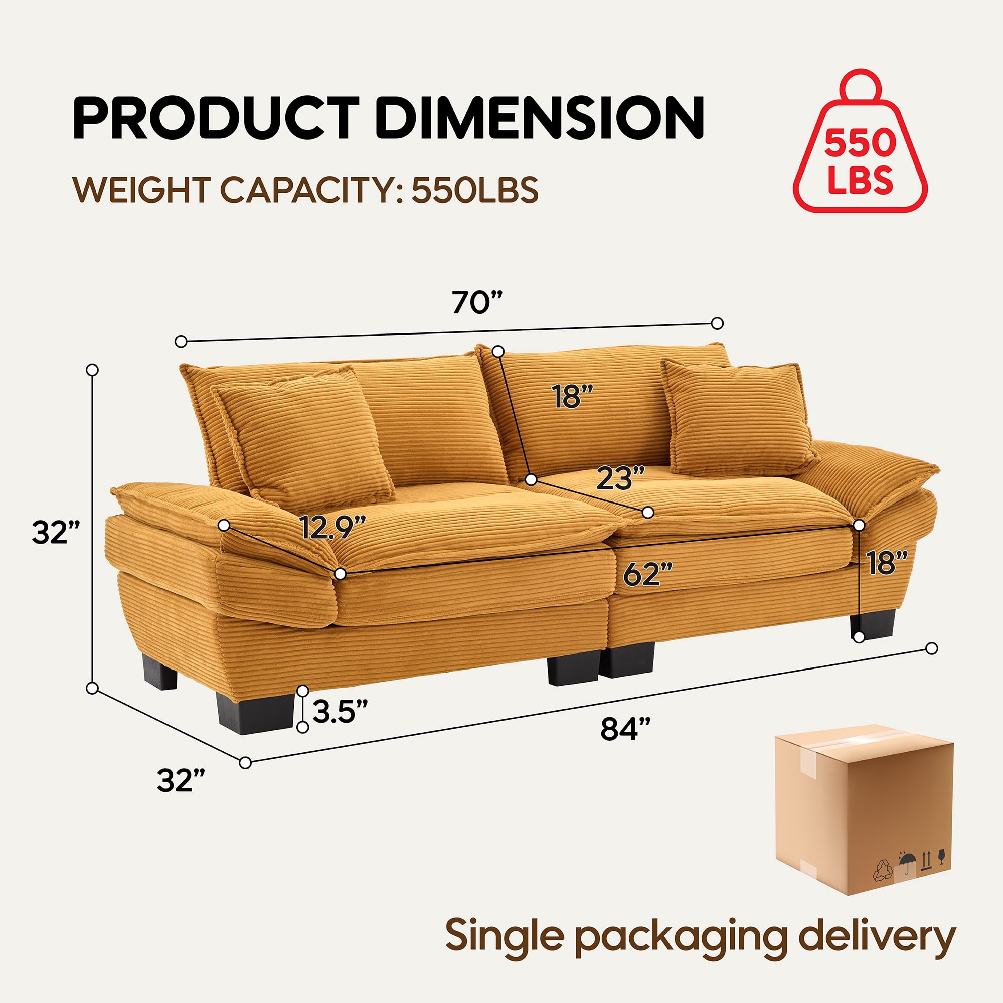 84" Comfy Corduroy Sofa 2-Seater Deep Seating Loveseat with Pillows for Small Spaces
