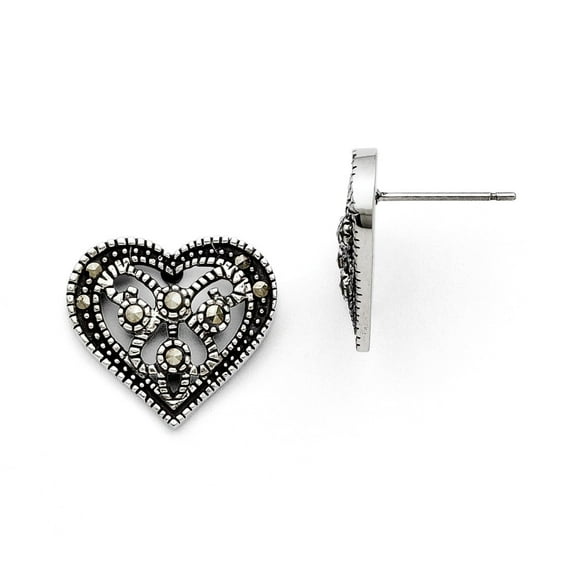 Stainless Steel Marcasite Textured Heart Post Earrings