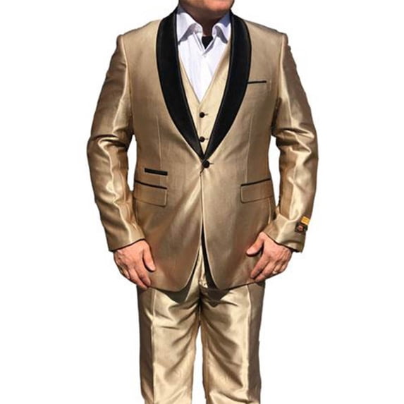 Alberto Nardoni Mens Sharkskin Vested 1 Button Shawl Tuxedo In Shiny Gold