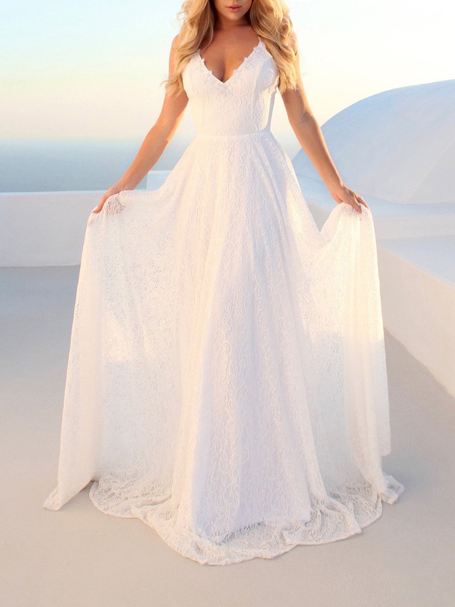 Peyakidsaa Womens Long Maxi Lace V Neck White Wedding Dress Evening ...