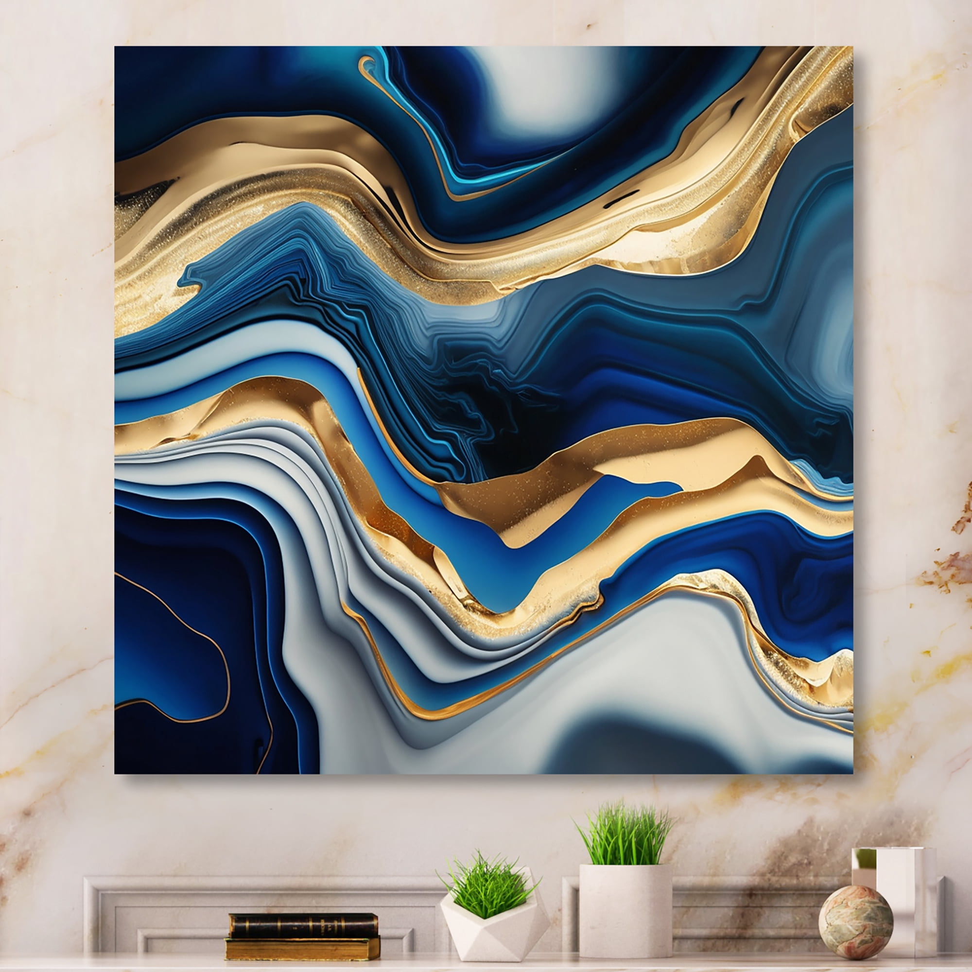 Designart Vibrant Blue And Gold Agate II Canvas Wall Art