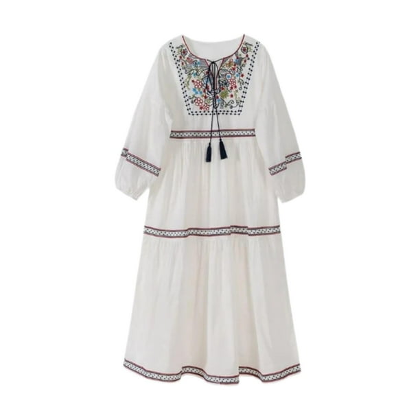 Vestido bordado para mujer, estilo urbano, de manga larga, para viajar, playa, verano L