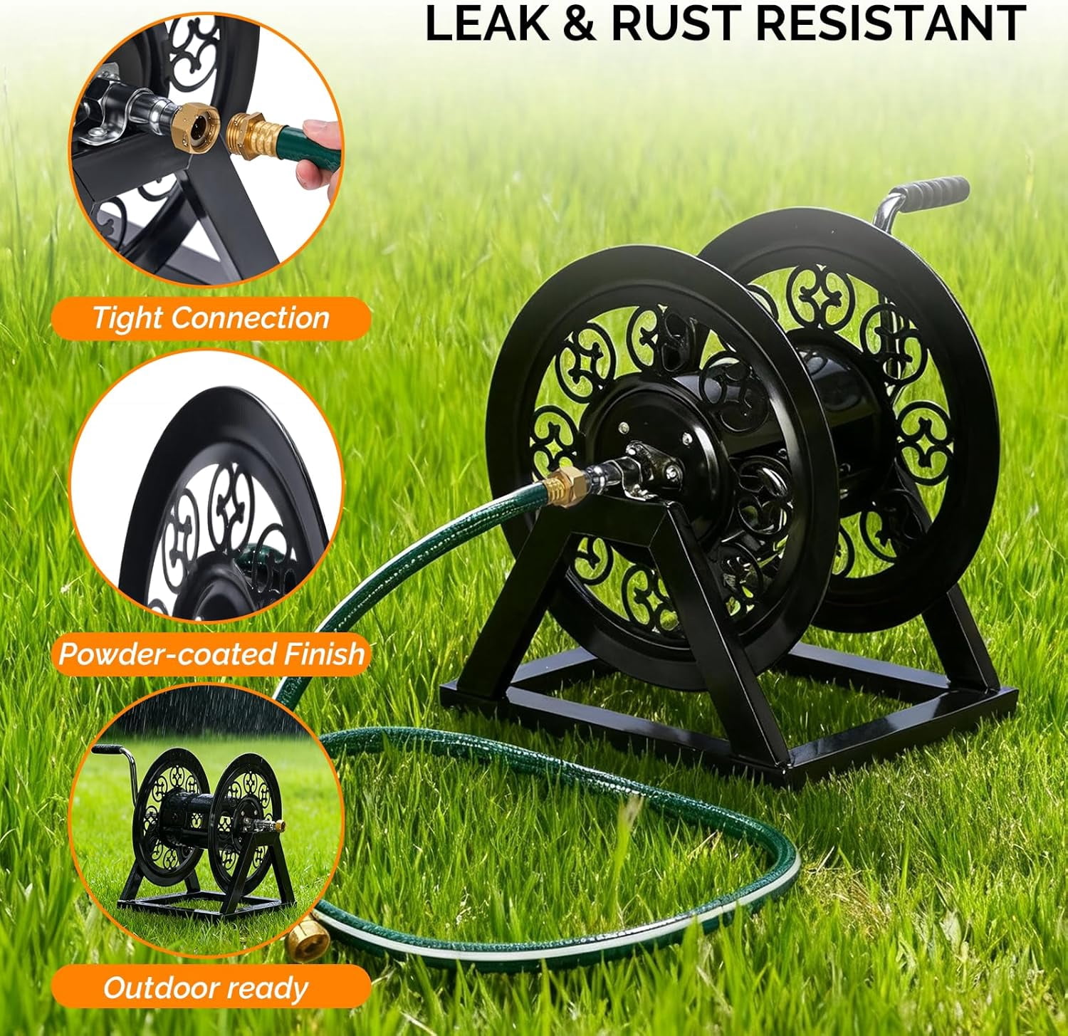 CHTER Decorative Hose Reel, Wall Mount Water Hose Reel for Garden Outside with Heavy Duty Portable Rolling Design Metal, 108FT Capacity for 3/4" Hose for Outdoor Use (Black)