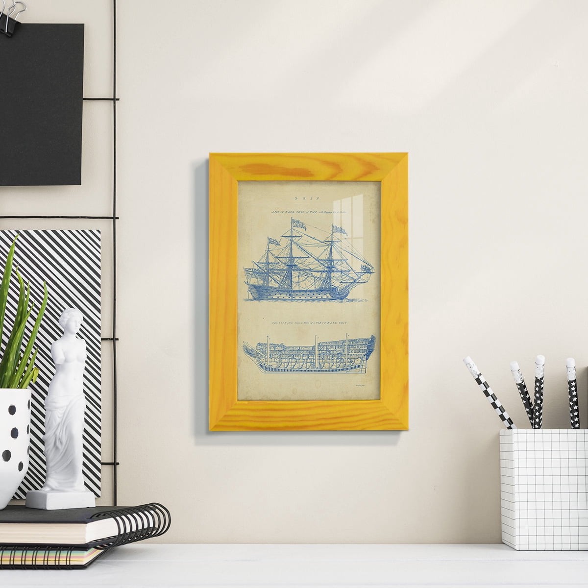Vintage Ship Blueprint -Framed Print w/glass-Sunflower Yellow