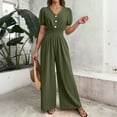 thumbnail image 5 of Xdegoge Womens Short Sleeve Jumpsuit V Neck Button Front High Waist Elastic Wide Leg Pants Casual Puff Sleeves Loose Fit Summer Jumpsuits Plus Size, 5 of 9