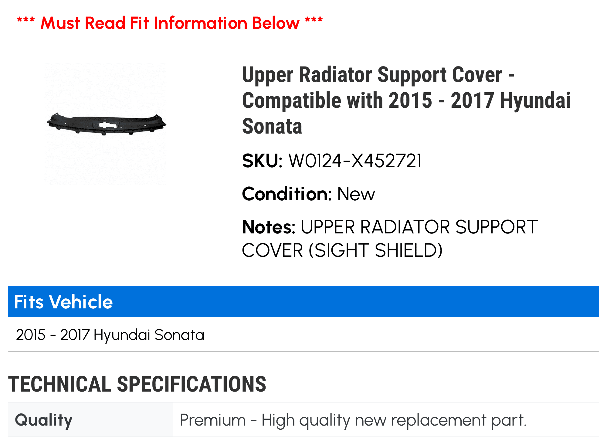Upper Radiator Support Cover For Hyundai Sonata 2015-2017 - OEM 86361C2000, Plastic, Direct Fit Replacement