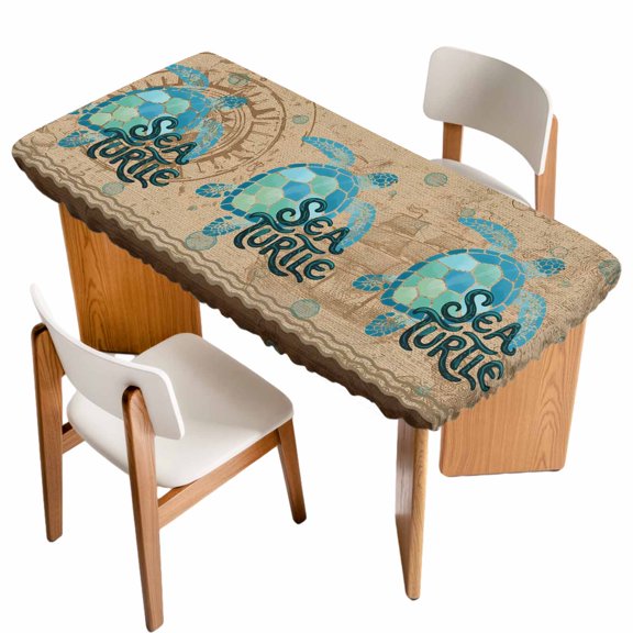 Vintage Sea Turtle Table Cloths for 6 Foot Rectangle Tables, Brown Nautical Anchor Bubbles Coastal Patio Waterproof Elastic Fitted Tablecloths, Washable Rectangular Table Cover for Camping