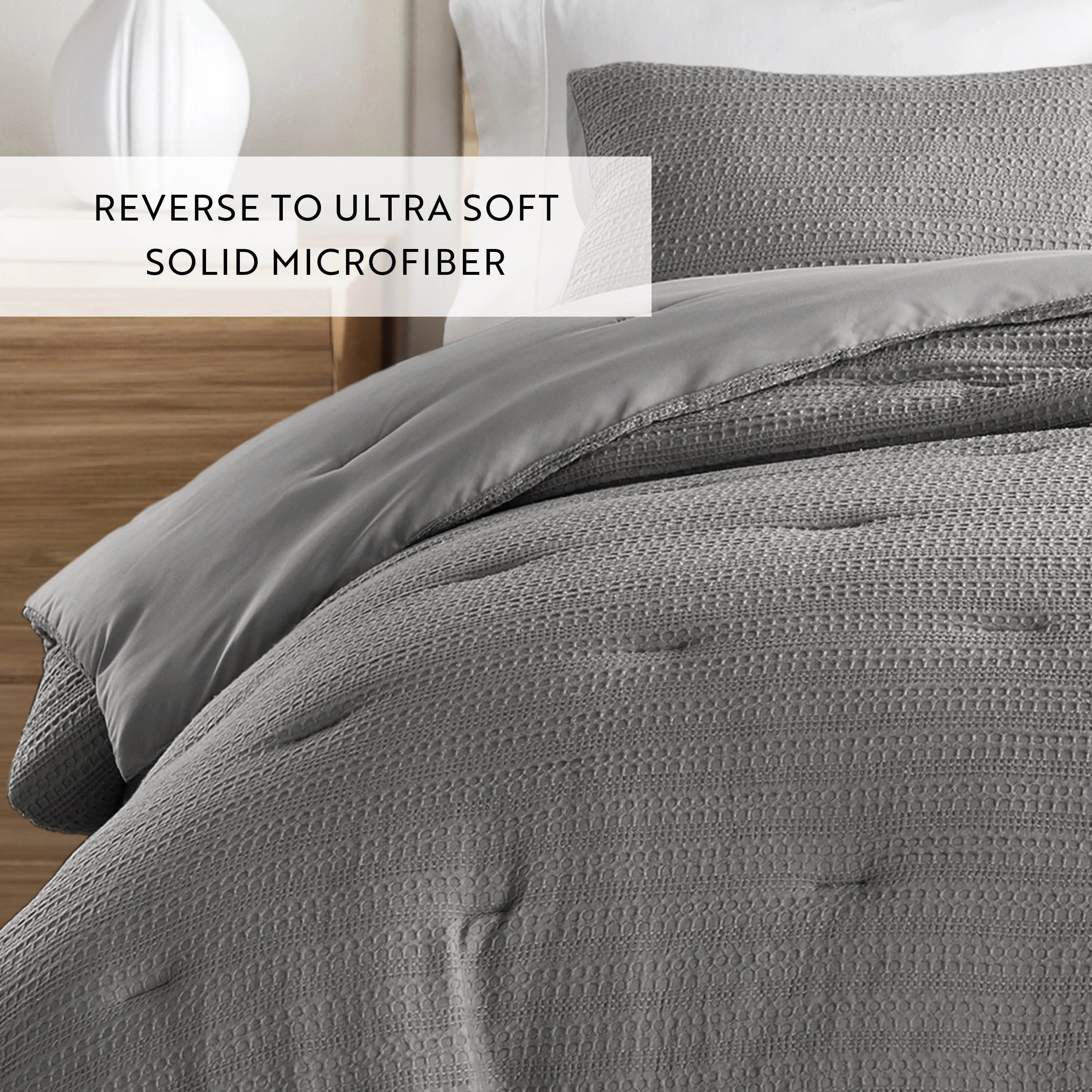 Noble Linens 3 Piece Fog-Gray Waffle Textured All Season Down-Alternative Comforter Set, Full/Queen