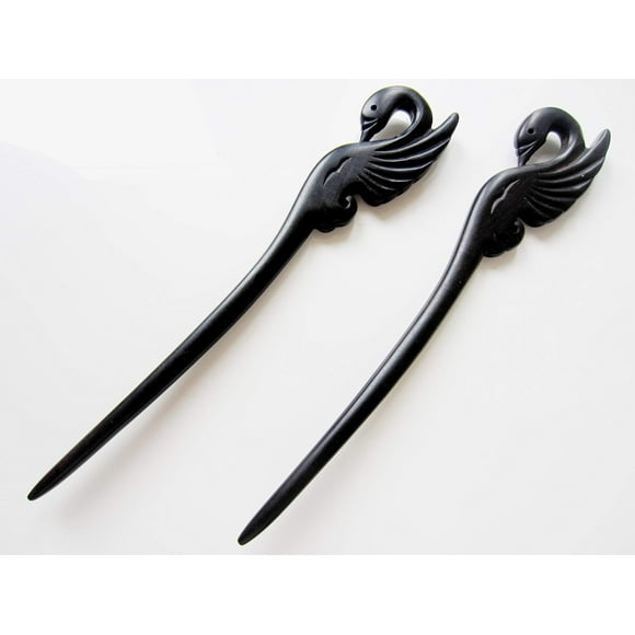 Myhsmooth Zz-bs-swan 2 unidades de varillas para el cabello de sándalo negro natural (ébano), pinzas para el cabello talladas a mano, horquillas para el cabello, paquete de 2 piezas: cisne
