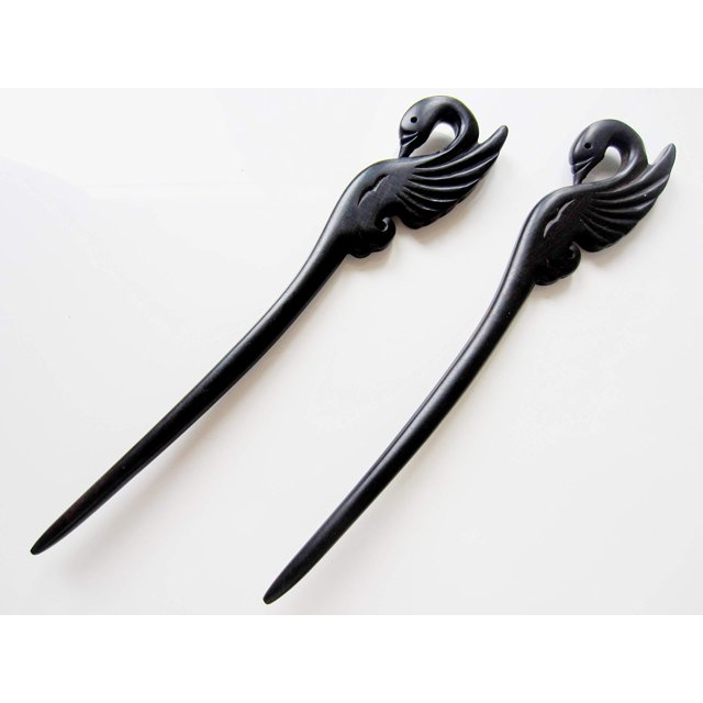 Myhsmooth Zz-bs-swan 2 unidades de varillas para el cabello de sándalo negro natural (ébano), pinzas para el cabello talladas a mano, horquillas para el cabello, paquete de 2 piezas: cisne