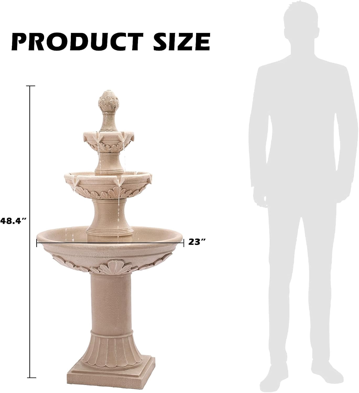 3-Tier Outdoor Water Fountain, 48.4" H Floor Backyard Garden Fountain, Water Feature Indoor with Pump, Outdoor Freestanding Waterfall Fountain, Bernini Fountain for Garden Patio Yard (Beige)