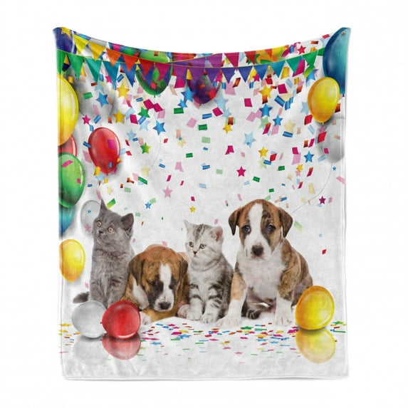 Happy Birthday Soft Flannel Fleece Throw Blanket, Baby Cat and Dogs with Flags and Balloons Celebrating Party Illustration, Cozy Plush for Indoor and Outdoor Use, 60" x 80", Multicolor, by Ambesonne