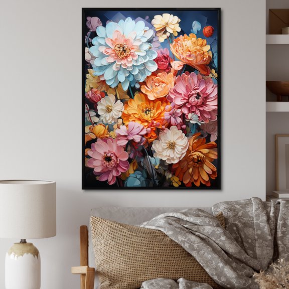 Designart "Vibrant Expression Of Zinnias Blossoms I" Zinnias Floater Framed Wall Decor