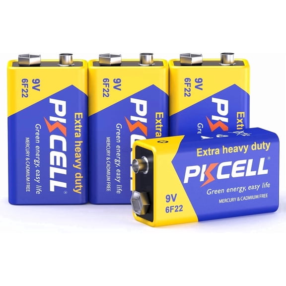 PKCELL Heavy Duty Carbon Zinc 9V Batteries 4-Pack, Ultra Long-Lasting 9 Volt Alkaline-Free Batteries Perfect for Smoke Detectors