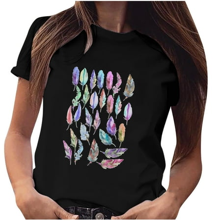 

Clearance Ladies Tops Blouses for Women Fashion 2023 Women Girls Plus Size Feather Print Shirt Short Sleeve T -Shirt Blouse Tops Fashion Maternity Shirts Black M