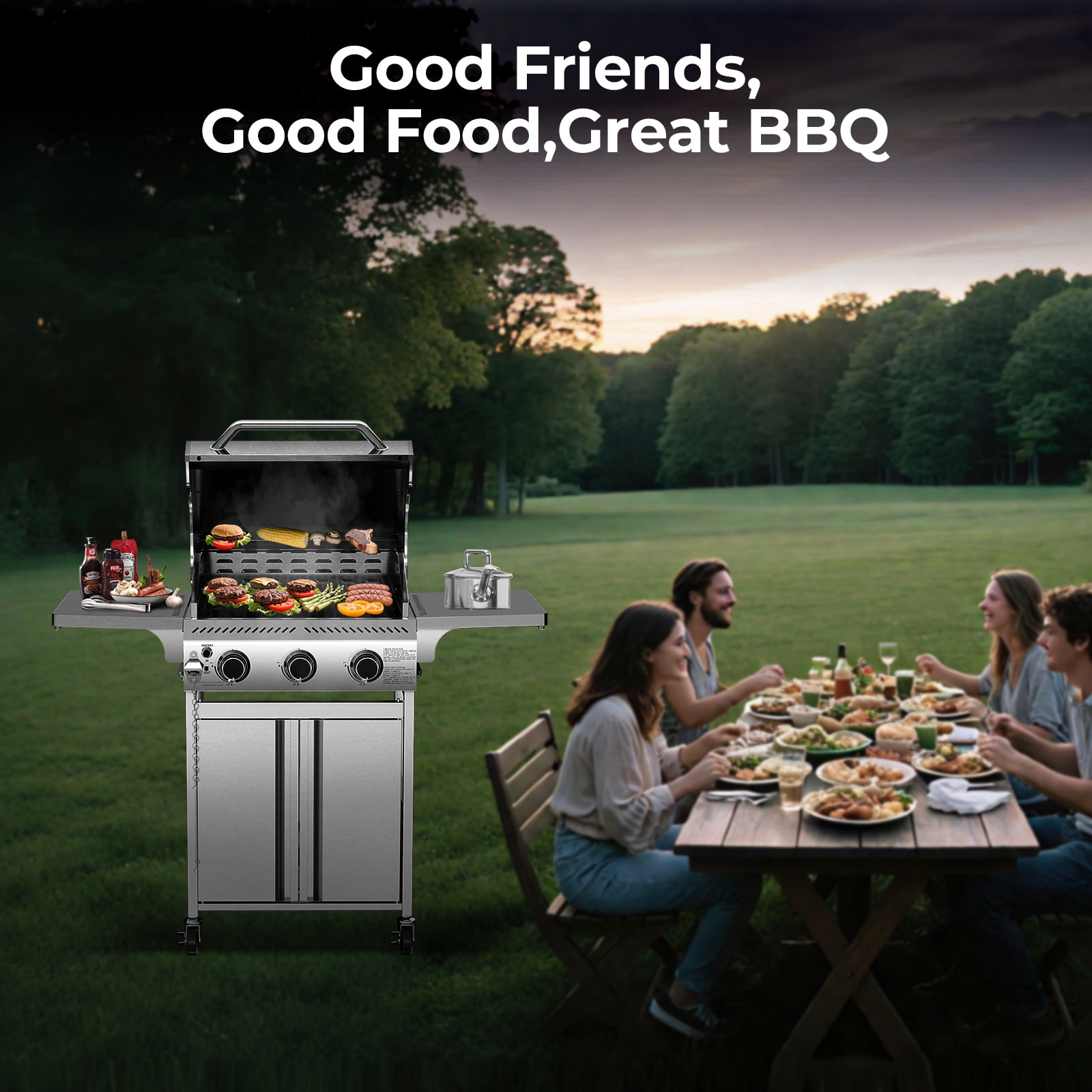 WAA 3-Burner Propane Gas Grill,24000BTU Stainless Steel BBQ with Foldable Side Tables & Durable Grates - Ideal for Outdoor Backyard/Patio Cooking