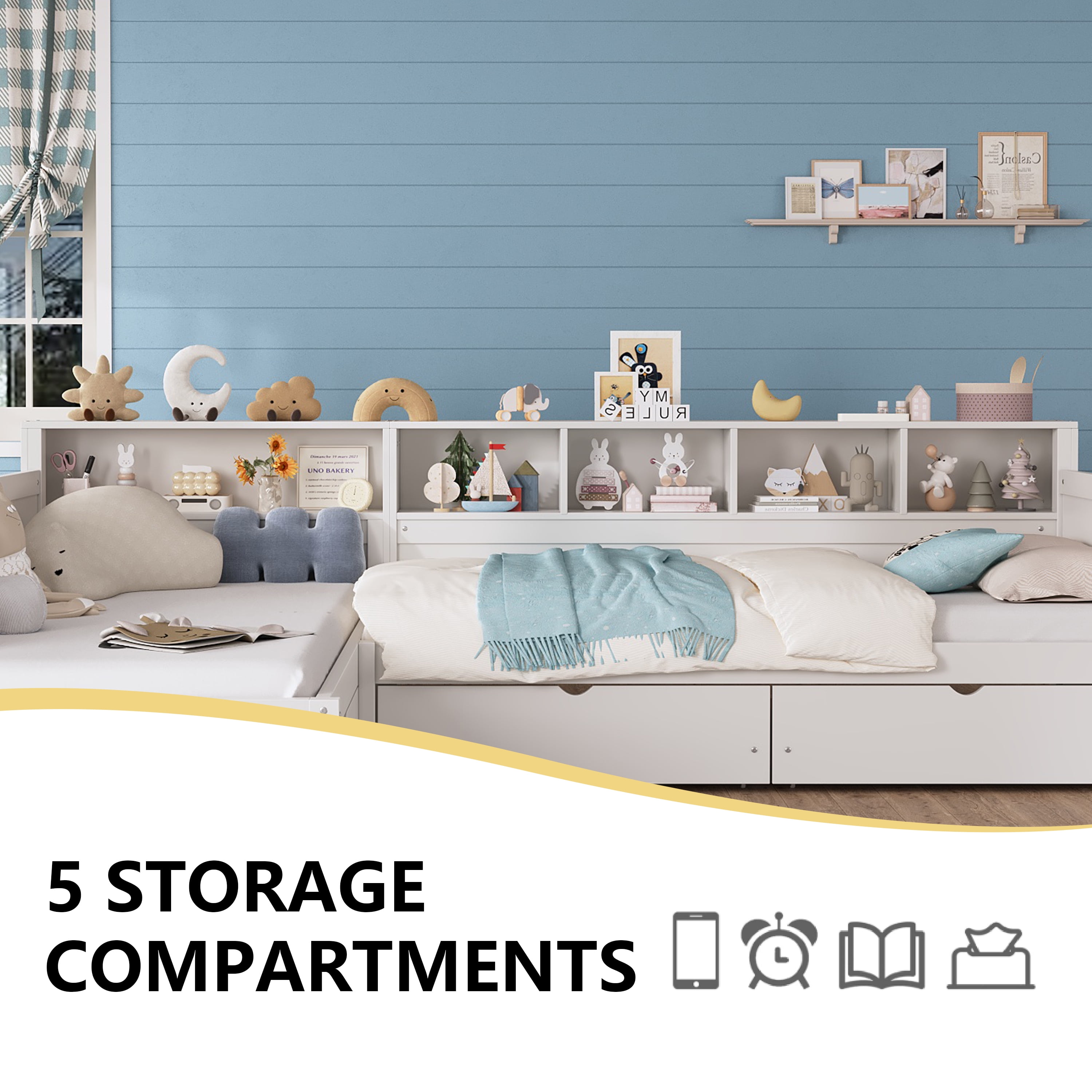 Yoneston L-Shaped Twin Daybed with Storage Side Bookcase and 3 Drawers, Corner Bed Frame with Storage Shelves for Kids Teens Bedroom Playroom Guest Room, White