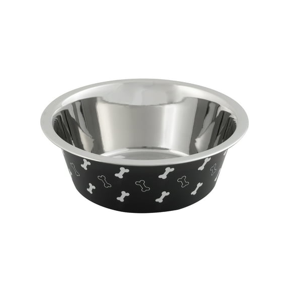 Vibrant Life Large Stainless Steel Dog Bowl, Black with Bones, 48 Fluid Ounces