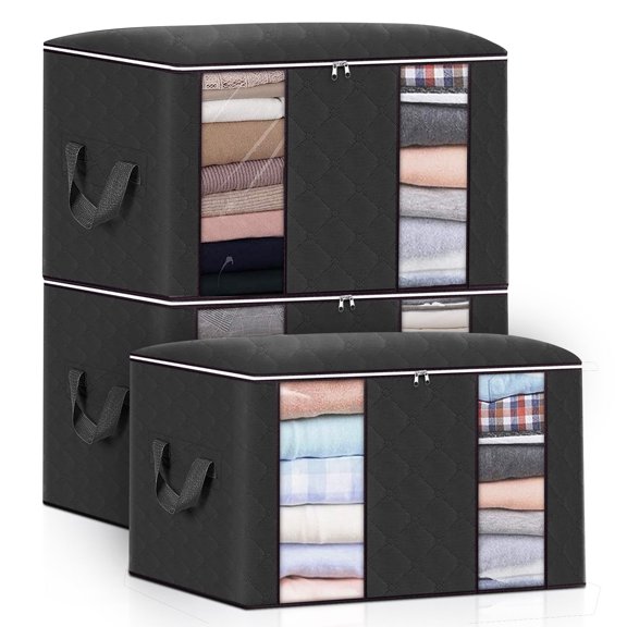 Olurrisa Clothes Storage Bags, Closet Organizers and Storage Containers for Clothes, Bedding & Blankets, Foldable Bedroom Organization with Window, Handles & Zippers - 3 Pack