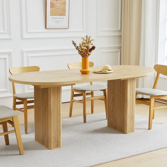 70.8 Inch Dining Table for 4-6 People, Oval Kitchen Table with Wood Strip Base, Modern Farmhouse Large Round Dining Room Tables for Kitchen Living Room (Natural)