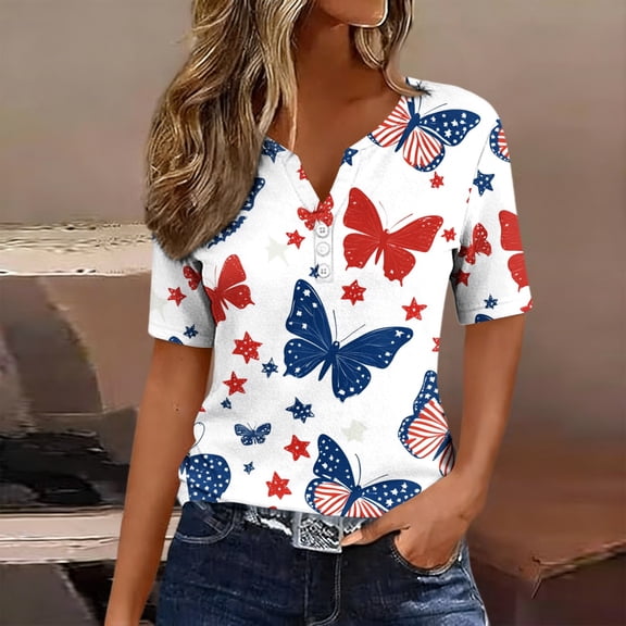 Goodtrade8 Womens July 4th Shirts American Flag Independence Day Pullover Casual Short Sleeve Summer Red White and Blue , Red White and Blue Fashion Tops for Women Graphic