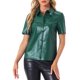 thumbnail image 1 of Camisa de botón de cuero PU INSPIRE CHIC para mujer, blusa de manga corta con cuello, chaqueta, top de fiesta y club XS verde profundo, 1 of 5
