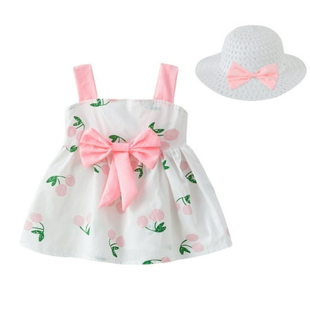

EHTMSAK Infant Baby Toddler Children Girl Clothing Set Bow Summer Outfits Floral and Set Short Sleeve with Sun Hat Wine 6M-4Y 90