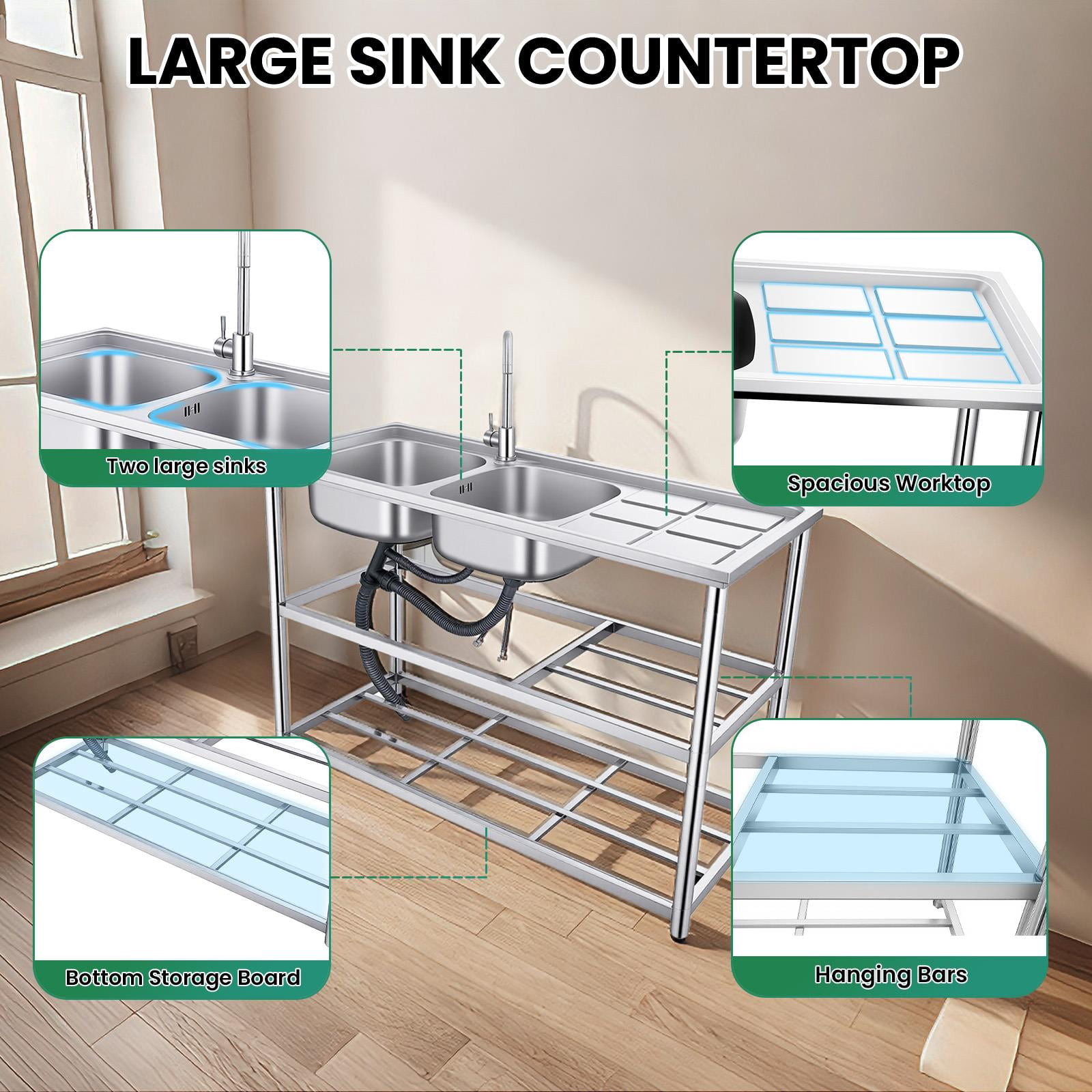 QUHEE 304 Stainless Steel Free Standing Sink Station, 47in Double Bowl Utility Sink with Storage Shelf for Home Kitchen Laundry Room Outdoor Patio
