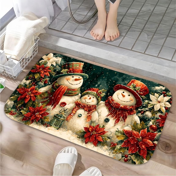 1pc Snowman Family Absorbent Non-Slip Bathroom Thickened Flannel Rug Decor,Soft,Quick Drying,Suitable For Indoor/outdoor Use,Bathrooms,Bedrooms,Kitchens,Terrace,Laundry Rooms,16"x24"