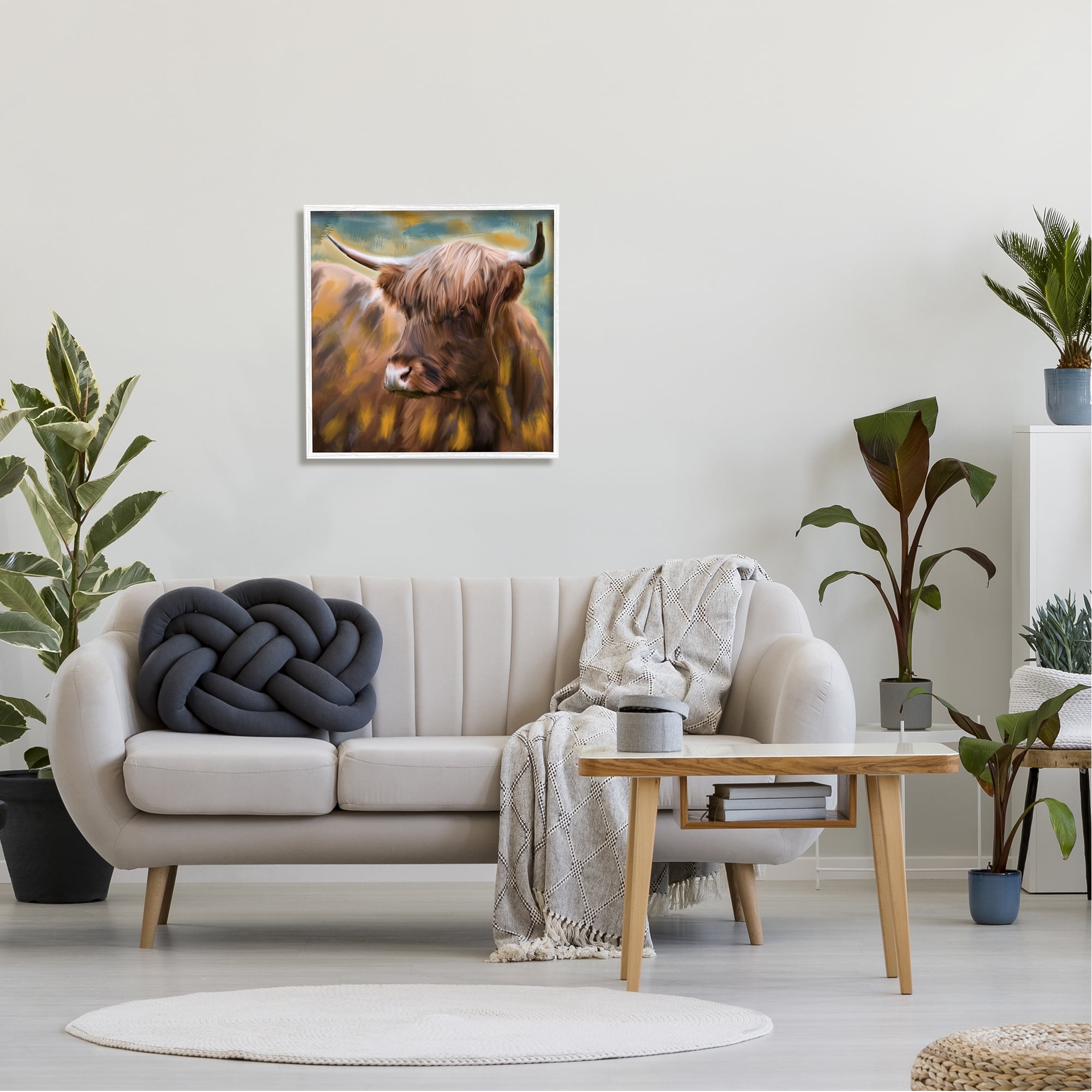 Stupell Industries Brown Highland Cow Animals & Insects Painting White Framed Art Print Wall Art, 24 x 24