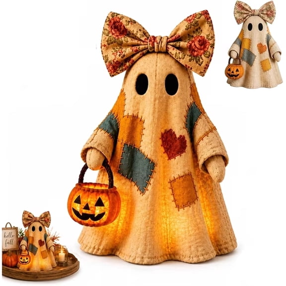 Mivyn Halloween Decoration Lighted Vintage Patchwork Ghost, Rustic Fabric, with Warm LED Lights, Pumpkin Lantern Tabletop Decor, Multicolor, 1 Count