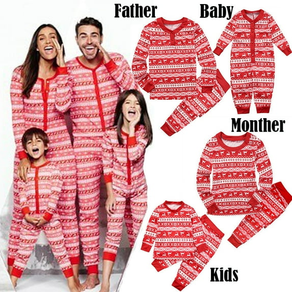Babibeauty 2Pcs Christmas Family Matching Pajamas PJS Sets Deer Red Striped Long sleeve Sleepwear Nightwear Outfits sets Gifts