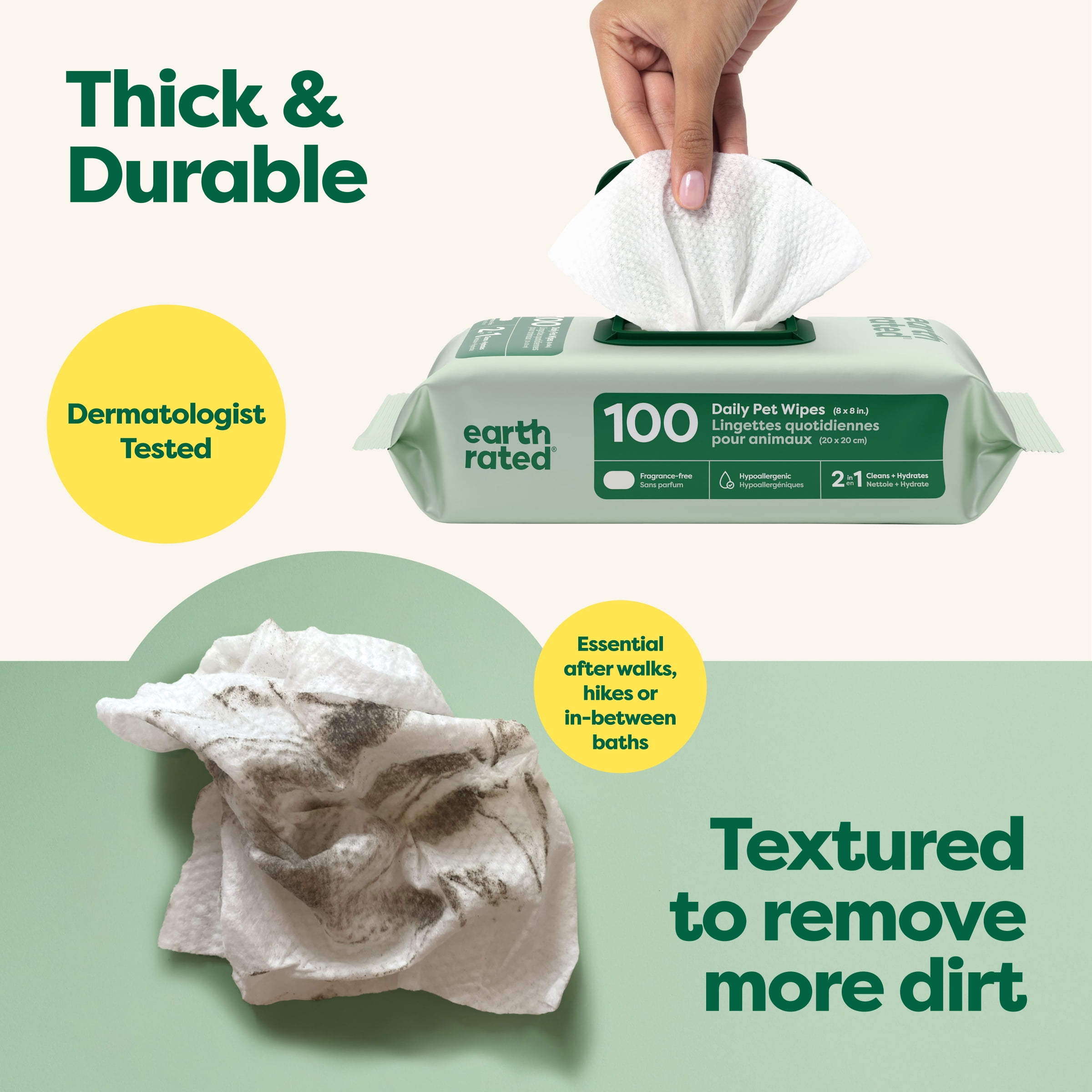 Earth Rated 2-in-1 Everyday Dog Wipes, Unscented, 100 Count