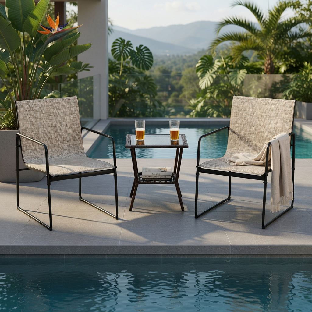 Hommoo 4-Piece Outdoor Dining Chair Set, Breathable Fabric Patio Chairs with Powder-Coated Steel Frame, Brown+Black
