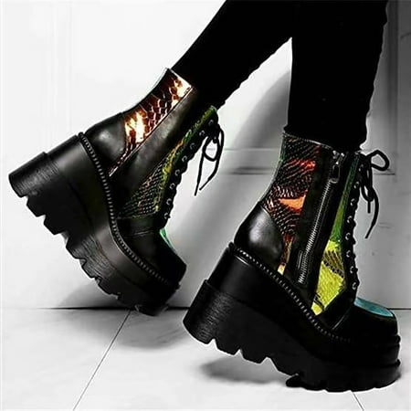 

YOUSNH 2024 Fall and Winter New Thick Bottom Short Boots Blocking Color Lace up in Europe and The United States Women s Shoes Women Boots Black 8.5