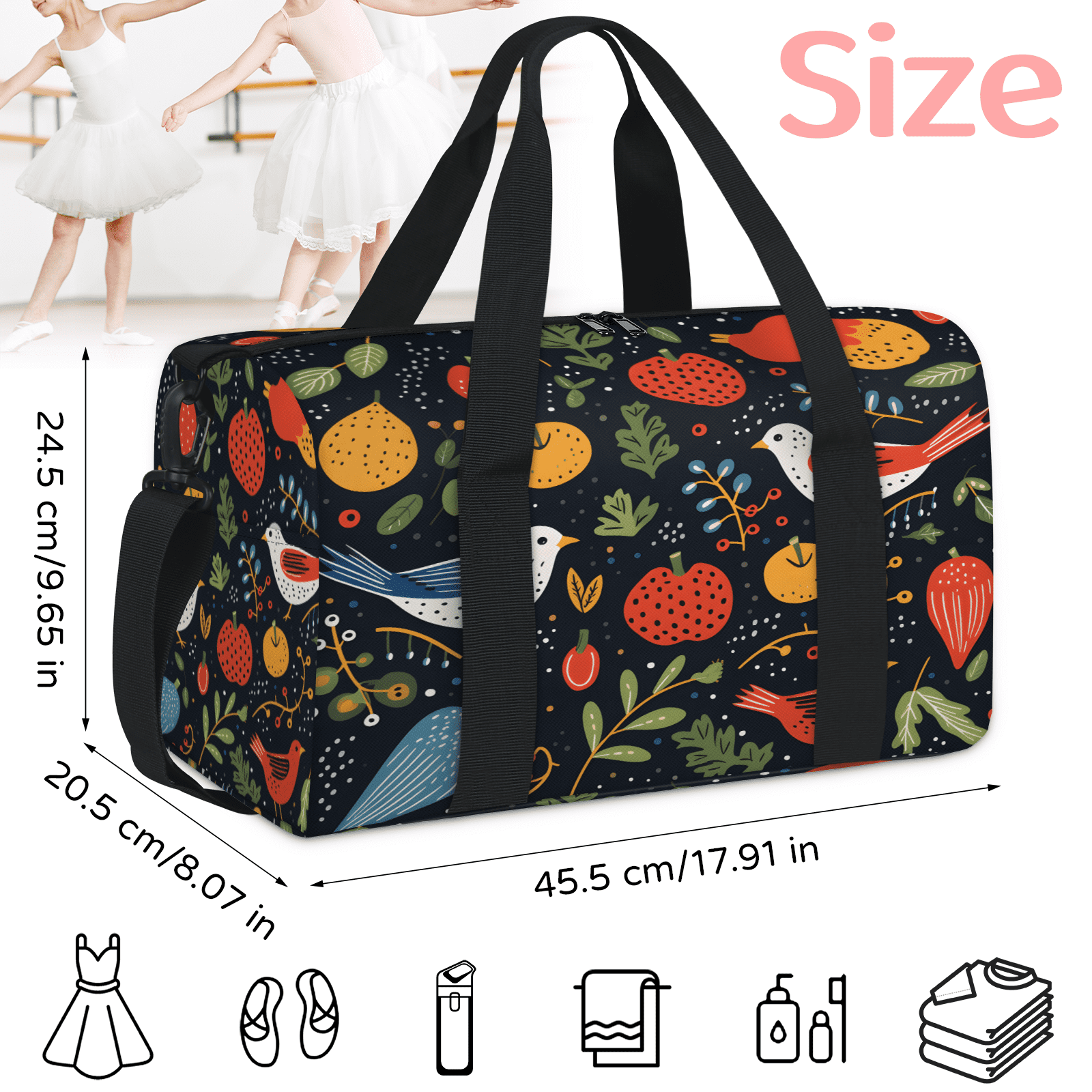 Herdesigns Colorful Birds Gym Bag for Women, Duffle Bag for Travel Sport, Fruit and Bird Lightweight Waterproof Carry on Weekender Dance Yoga Workout Bags