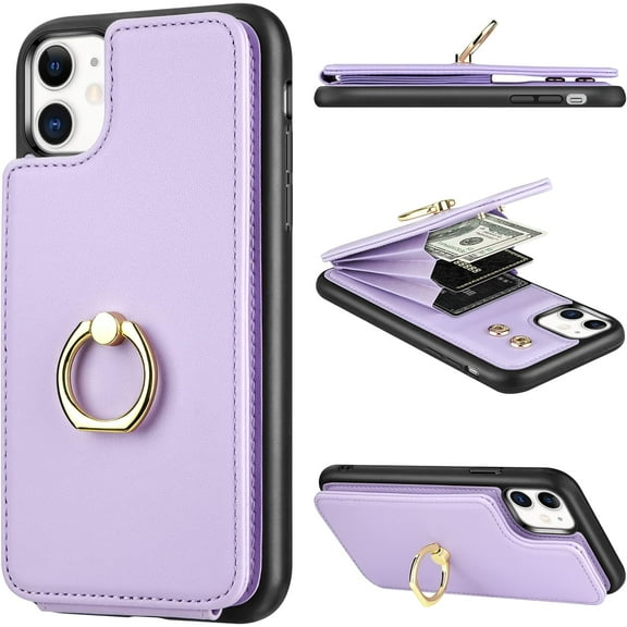 Wallet Case for iPhone 11 with Card Holder 360°Rotation Ring Stand Kickstand Women Girls PU Leather Double Buttons Flip Cover RFID Blocking Protective Case for iPhone 11 6.1 inch Light Purple