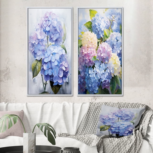 Designart "Blue violet Hydrangea Eternal Blooms II" Hydrangea Framed Wall Art Set Of 2 - Blue Floral Framed Canvas Set For Living Room Decor