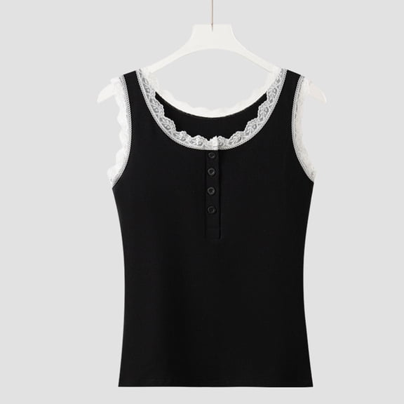 FDGIU Women's Lace Trim Henley Ribbed Sleeveless Tank Top, Slim Fit Soft Knit Lounge Camisole for Loungewear Daily Layering