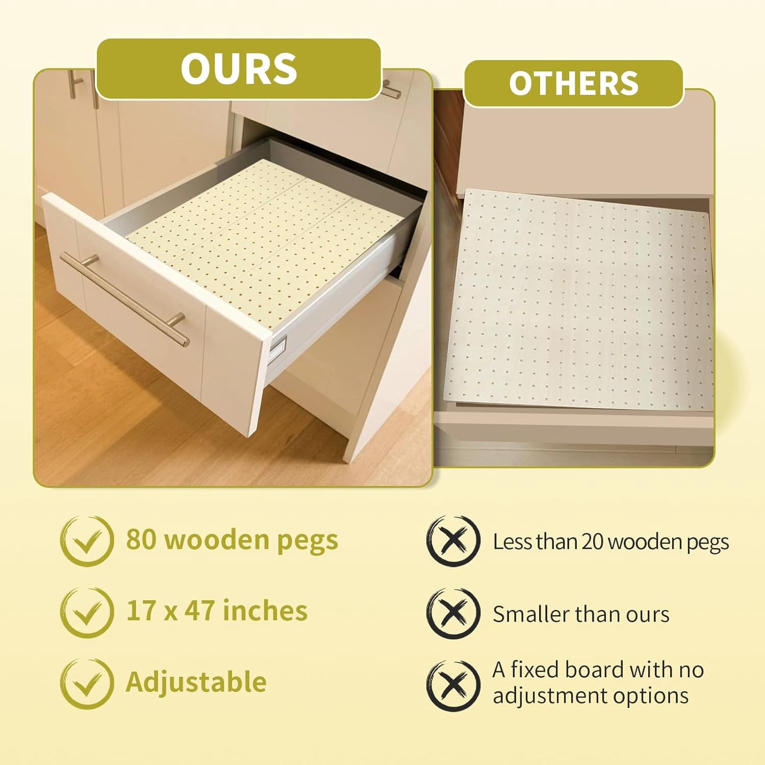 8 Pcs Wood Pegboard Drawer Organizer with 80 Adjustable Pegs for Kitchen Utensils and Dishes Storage